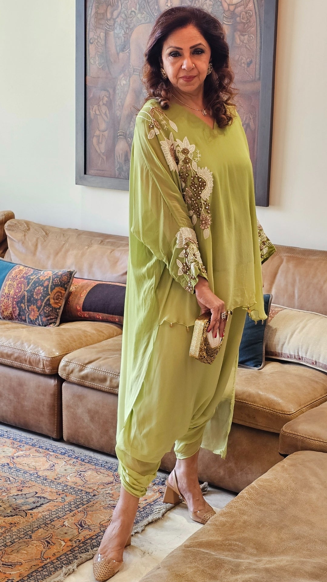 Beautiful Floral Patch Work With Hand Embroidery A Symmetric Kurta & Drop Crotch Pants