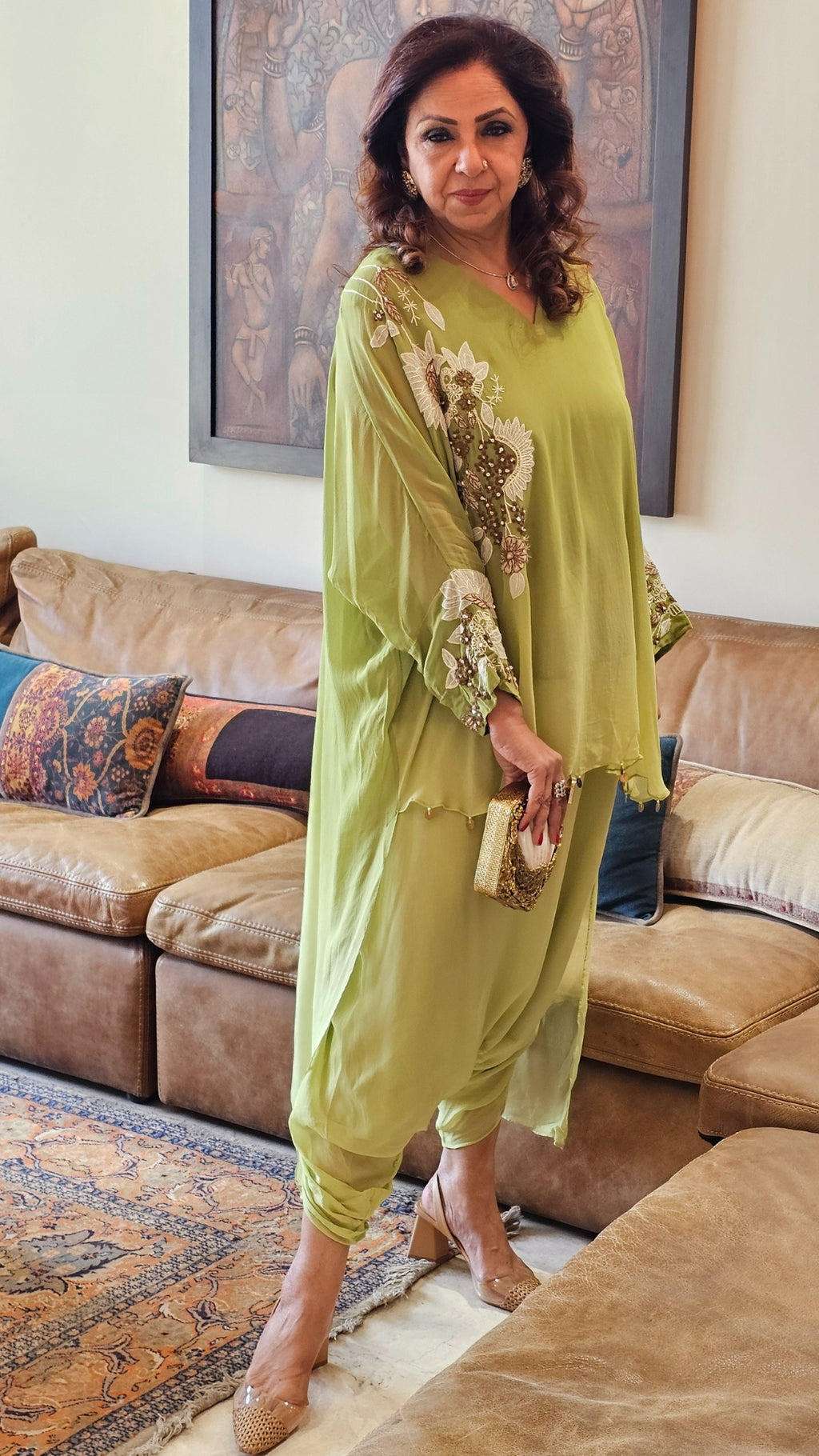Beautiful Floral Patch Work With Hand Embroidery A Symmetric Kurta & Drop Crotch Pants