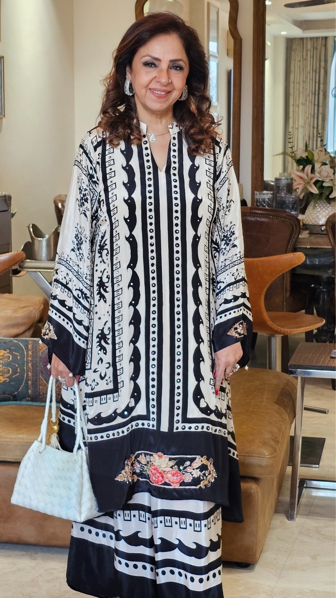 Stunning Digital Printed Aari Sippi Embroidery on Kurta With Digital Printed Bottom