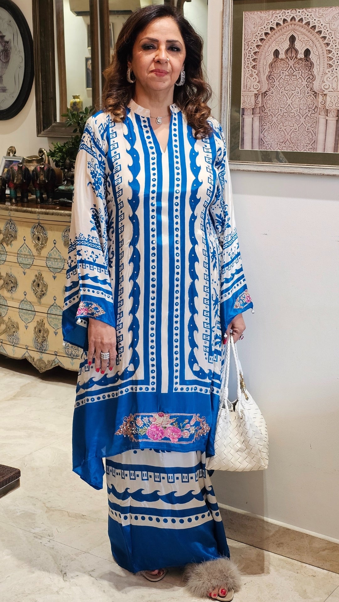 Stunning Digital Printed Aari Sippi Embroidery on Kurta With Digital Printed Bottom