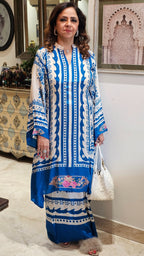Stunning Digital Printed Aari Sippi Embroidery on Kurta With Digital Printed Bottom