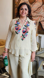 Beautiful Georgette Hand Embroidered a Symmetric Top With Pants