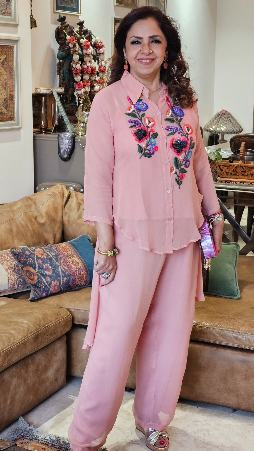 Beautiful Georgette Hand Embroidered a Symmetric Top With Pants