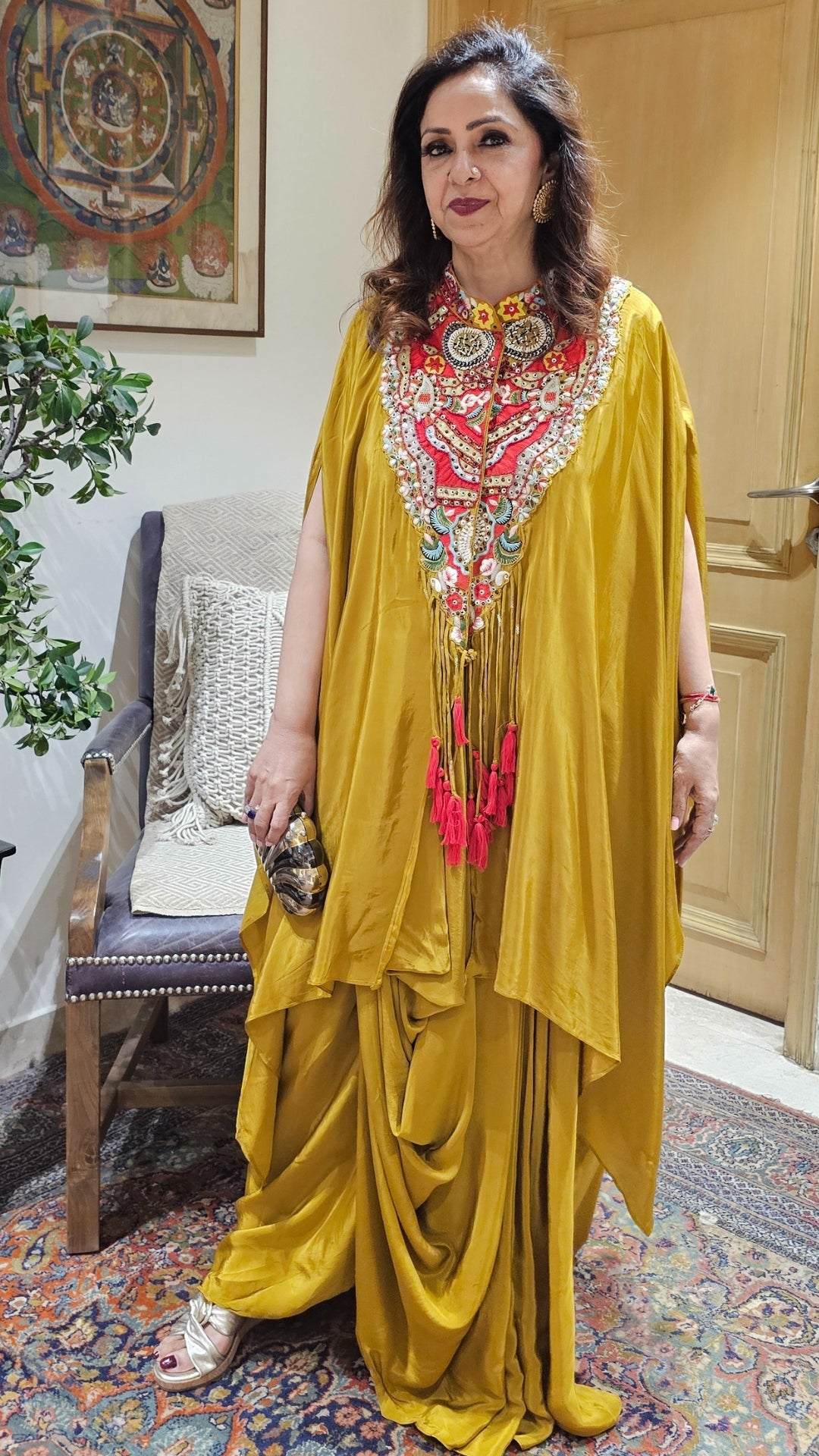 Stunning 3 Piece Drape Skirt With Asymmetric Hand Embroidered Cape