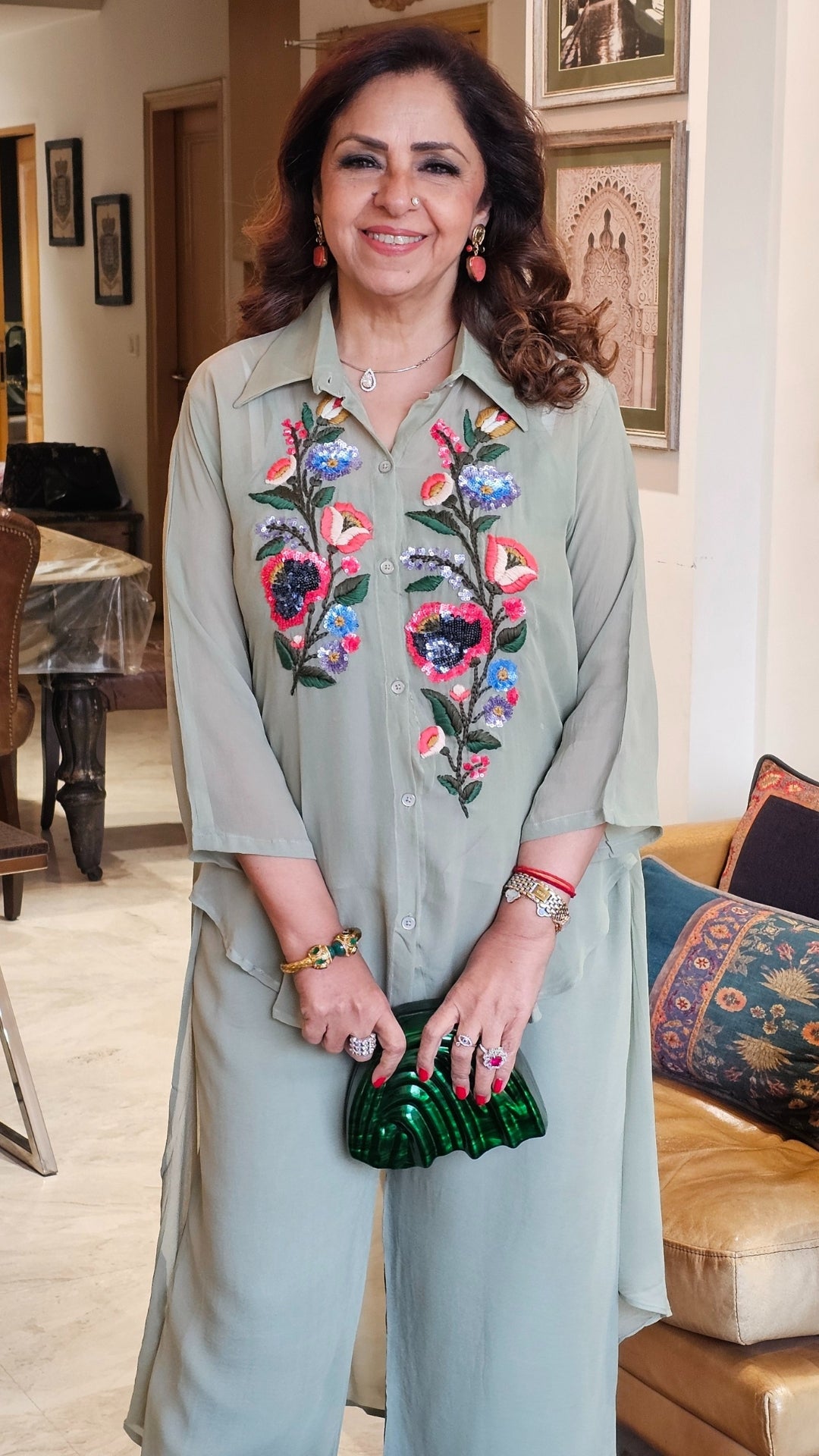 Beautiful Georgette Hand Embroidered a Symmetric Top With Pants