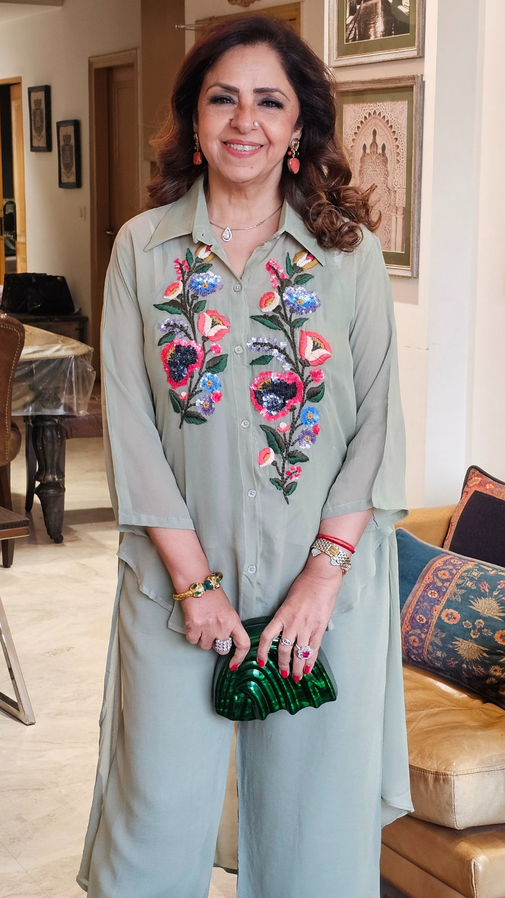 Beautiful Georgette Hand Embroidered a Symmetric Top With Pants