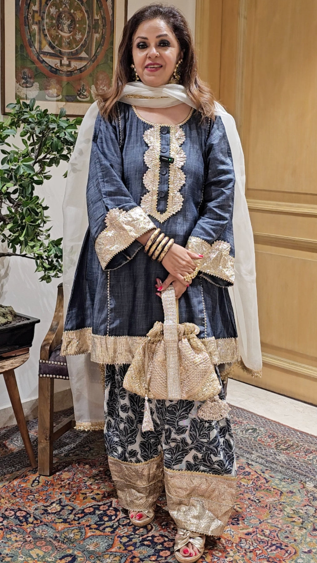 Dark Blue Denim Flowy Denim Shirt With Denim Farshi Salwar With Dupatta