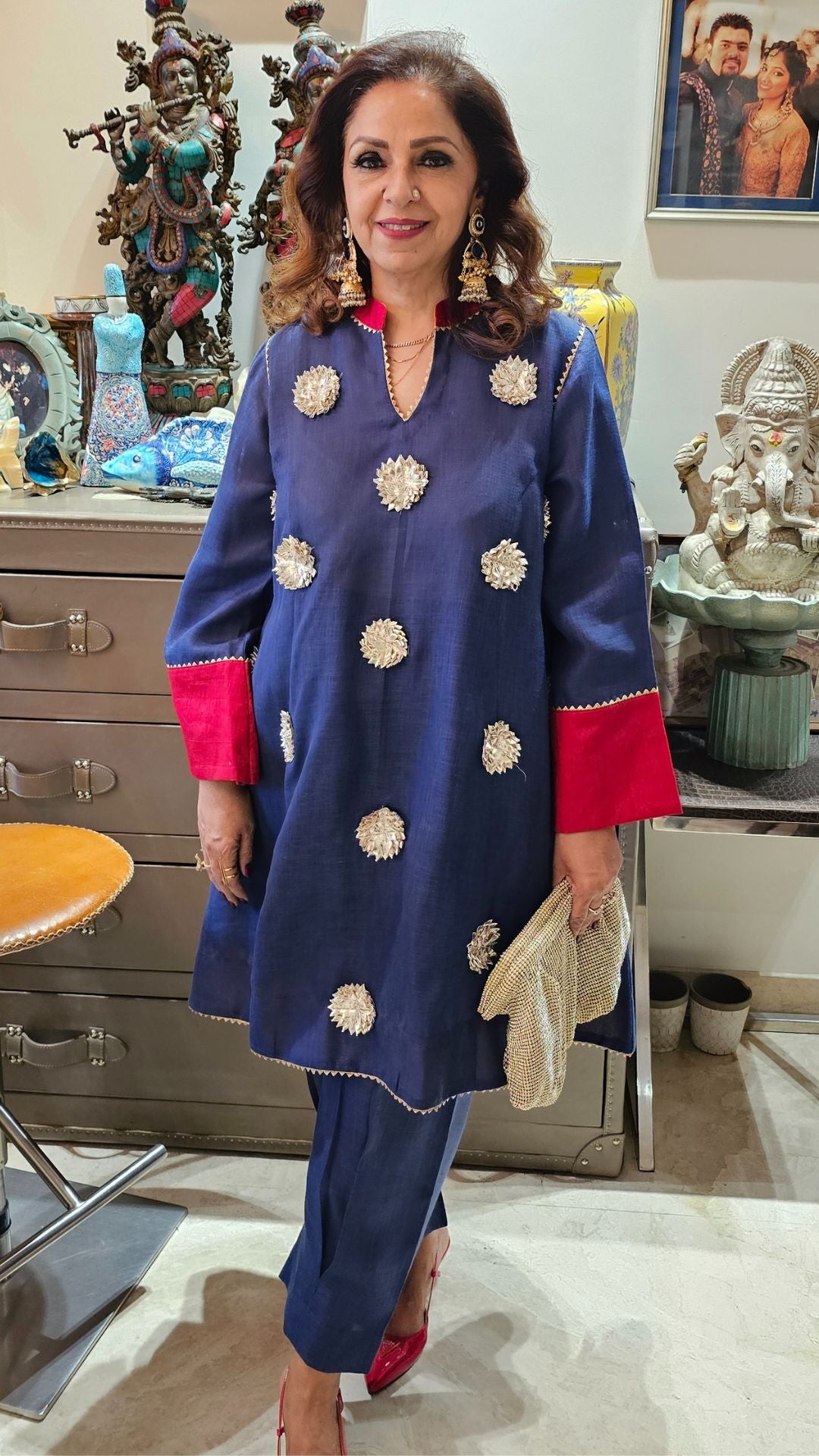 Navy Blue Linen Co-ord Set With Gota Flower Work