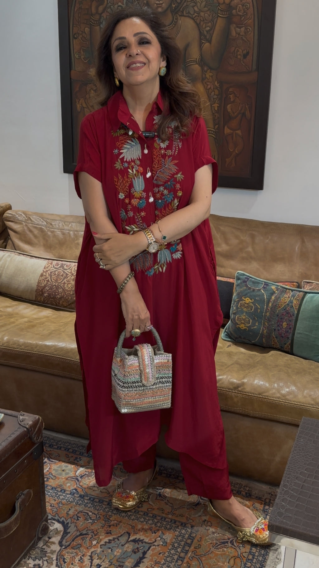 Red Comfortable and Elegant Crepe Outfit With Fusion Multicoloured Embroidery Top With Pockets Teamed With Smart Pants