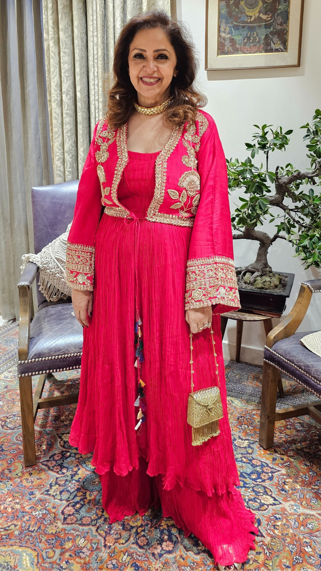A Beautiful Red Silk Jacket Outfit With Heavy Hand Embroidery on it and With Wrinkled Silk Top and Bottom