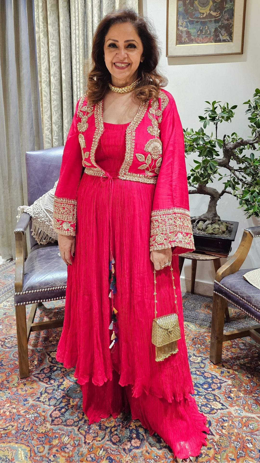 A Beautiful Red Silk Jacket Outfit With Heavy Hand Embroidery on it and With Wrinkled Silk Top and Bottom