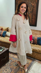 Grey Chendari Silk Co-ord Set With Patch Work