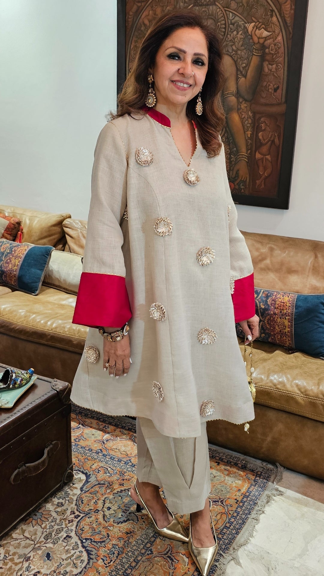 Grey Chendari Silk Co-ord Set With Patch Work