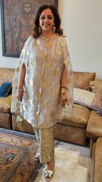 Exquisite Banarasi Organza 3-Piece Outfit featuring Satin Slip, Banarasi Pants, Polki Dot Organza Top & Jewelled Neck Embellishment