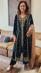 Gorgeous Plush Emerald Silk Velvet Top and Bottom with Hand Embroidery, Dabka work with Tissue Dupatta