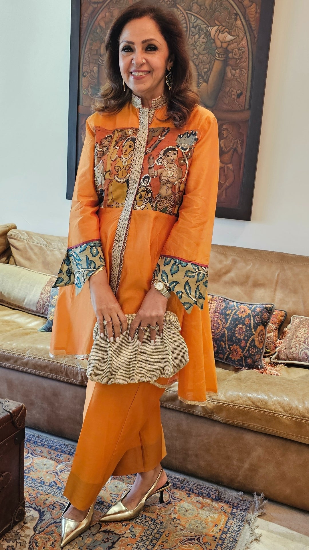 Orange Chendari Silk Co-ord Set With Pure Hand Painted Kalamkari and Embroidered Work