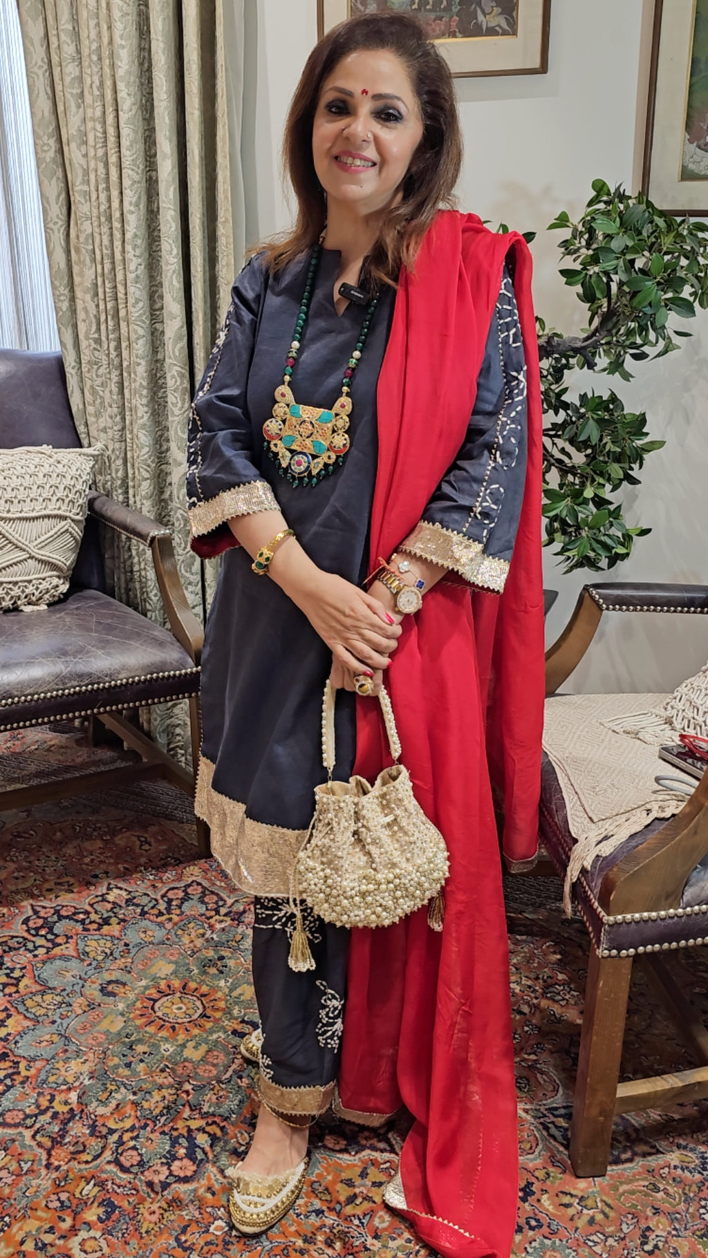 Dark Blue Denim Plain Shirt With Hand Embroidered Bottom With Organza Dupatta