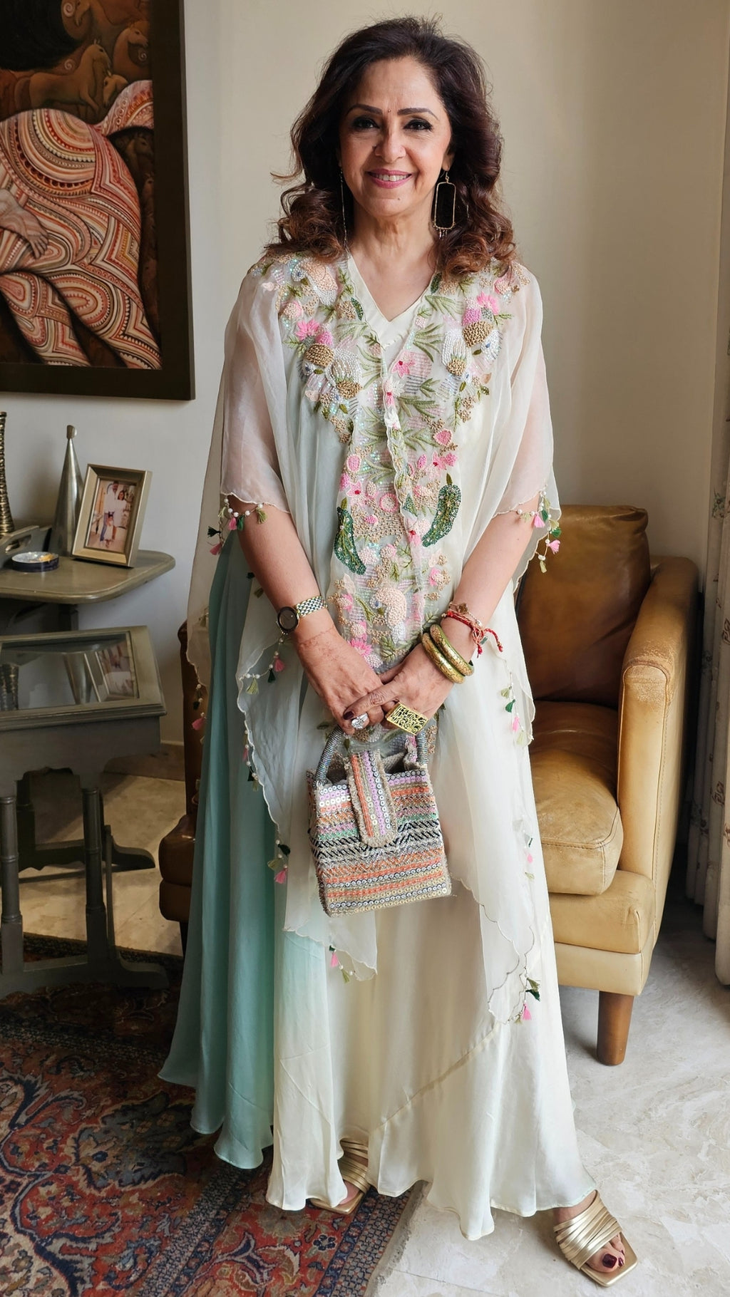 Beautiful Sea Green Satin Hand Embroidered Dress With Pure organza Cape