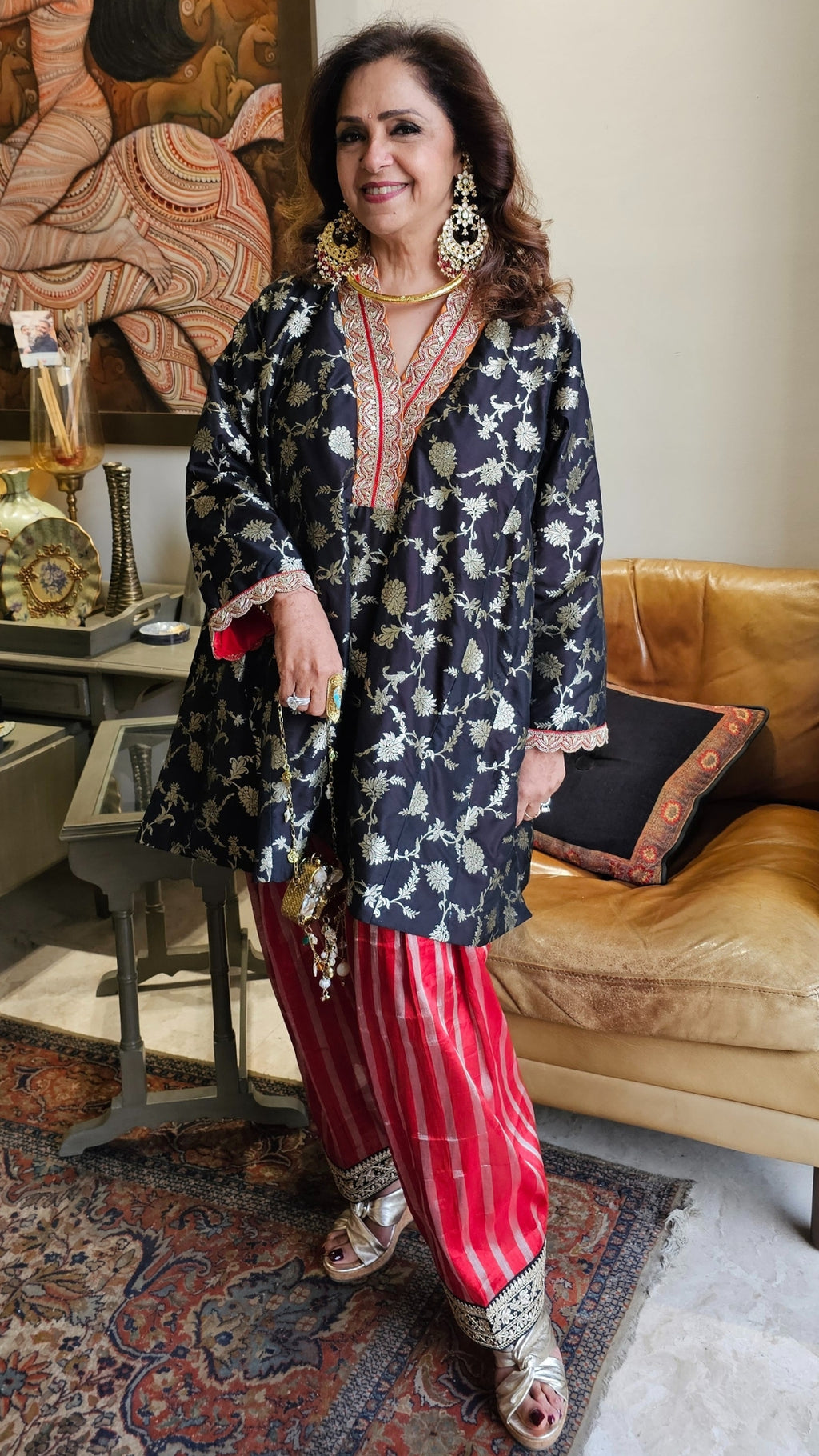 Fusion of Tissue and Banarasi Silk Kurta in Banarasi Silk Jaal With Silk Tissue Bottom in Contrasting Red With Embroidered Poncha