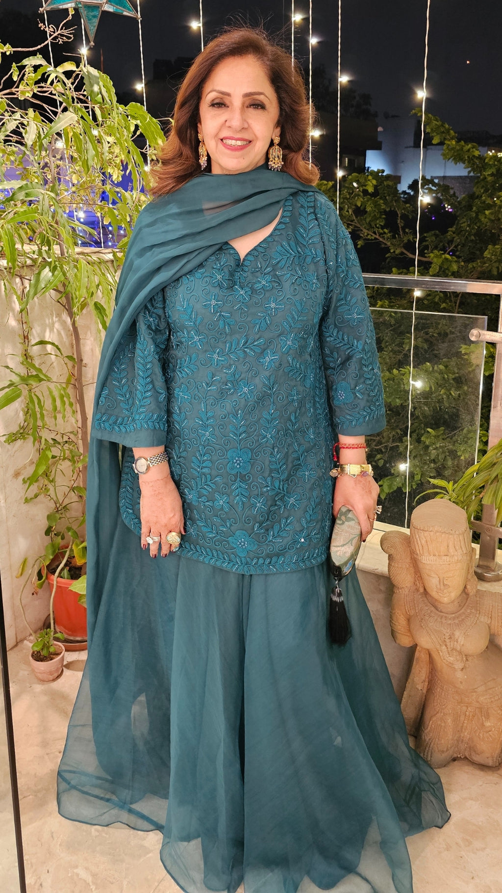 Teal Blue Gharara 3 Piece Set in Pure Organza With Dori Embroidery and Handwork