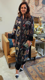 A Beautiful Silk linen Achkan With Pencil Pants Trimmed With Velvet