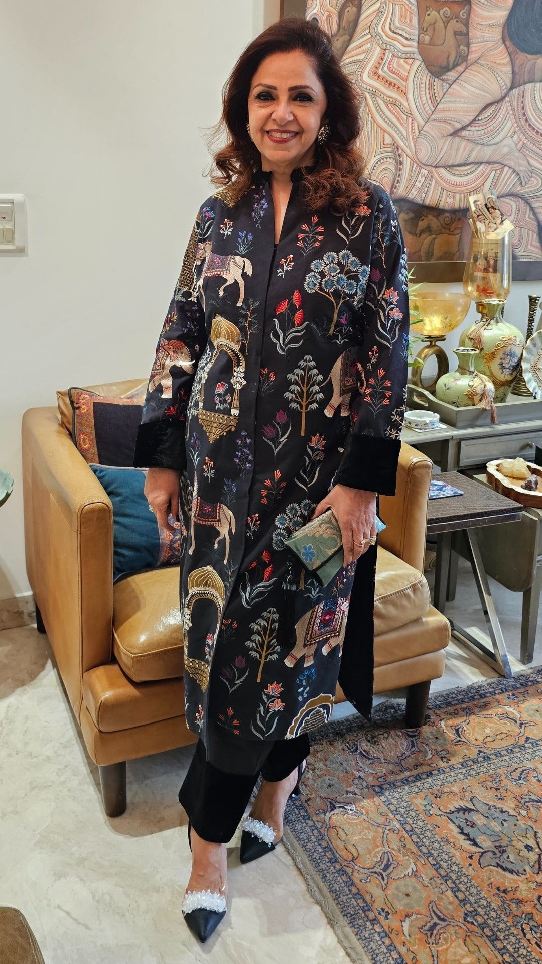 A Beautiful Silk linen Achkan With Pencil Pants Trimmed With Velvet