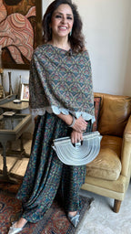 Silver Silk Top With Print Drape Bottom With Embroidered Work