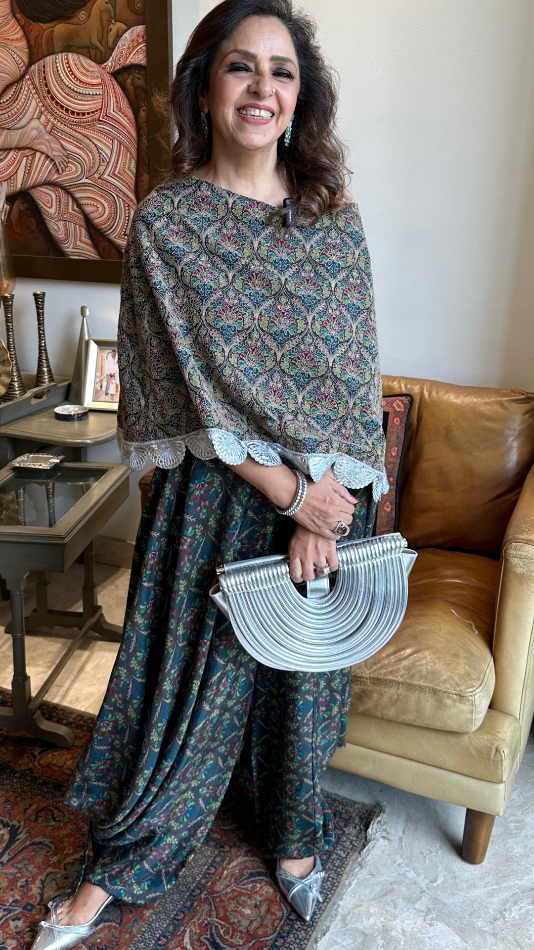 Silver Silk Top With Print Drape Bottom With Embroidered Work
