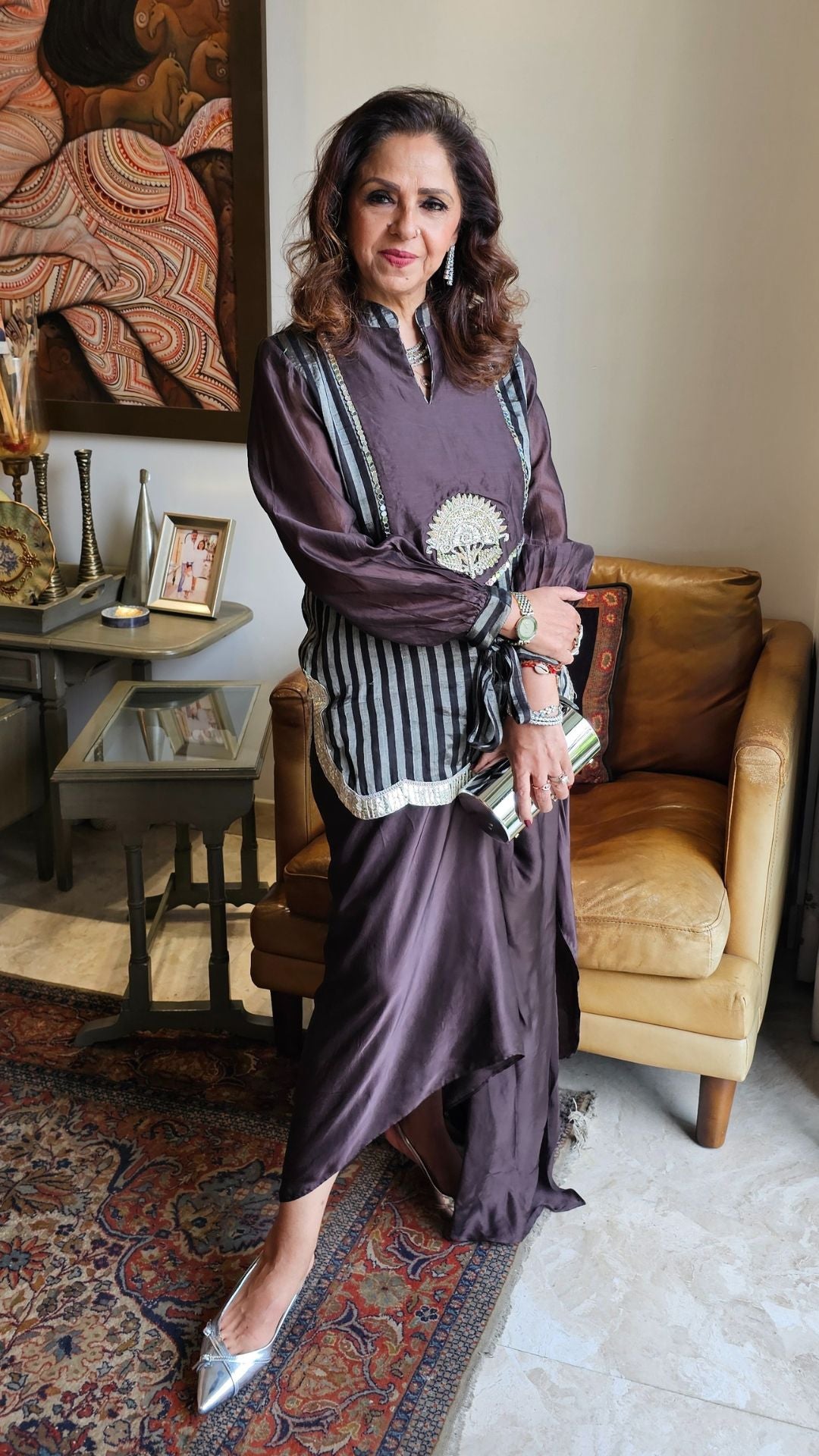 Dark Purple Silk Tissue Top with Hand Embroidered Zardosi Motif and Satin Drape Skirt