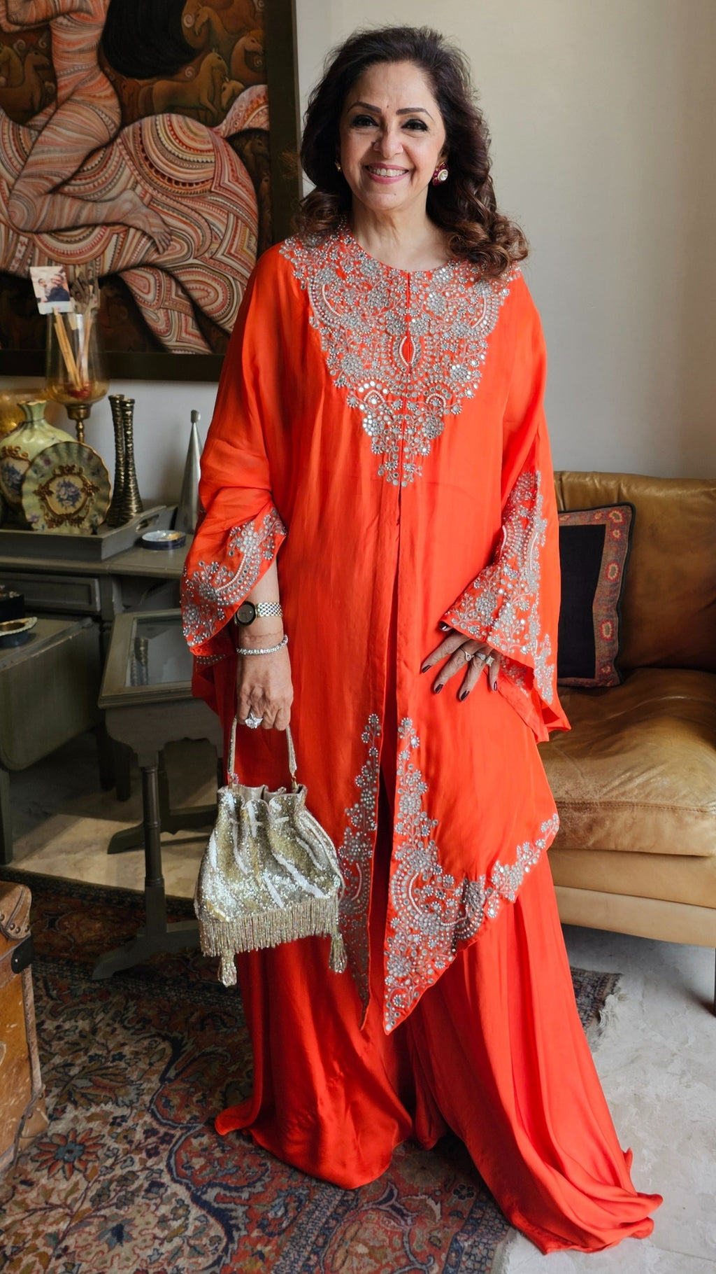 Beautiful Orange 3 piece set with hand embroidered, mirror & thread work organza cape, Satin top and bottom