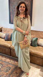 Beautiful Sage Green Georgette Hand Embroidered Top With Drape Skirt