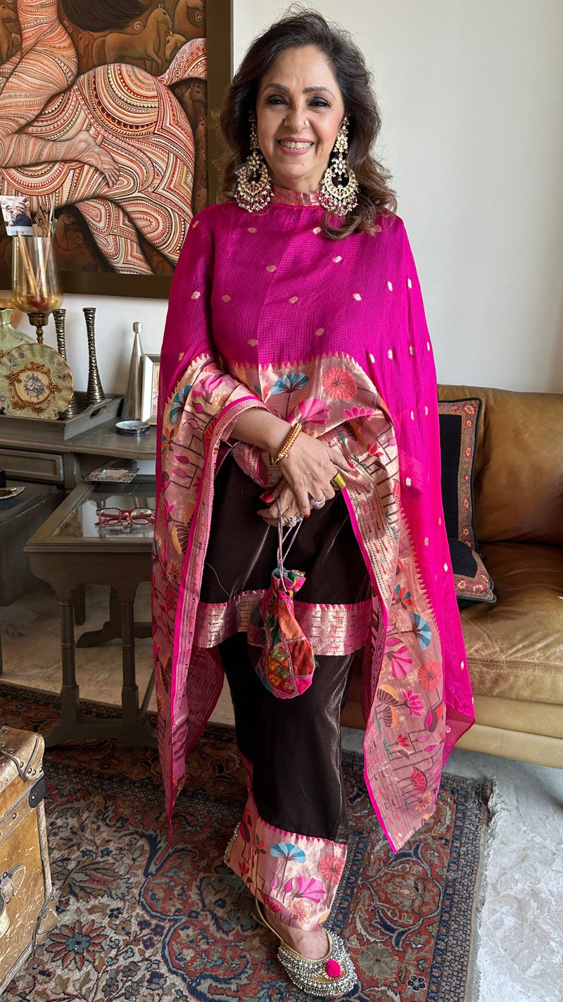 Velvet Top With Banarasi Bottom Border With Banarasi Cape