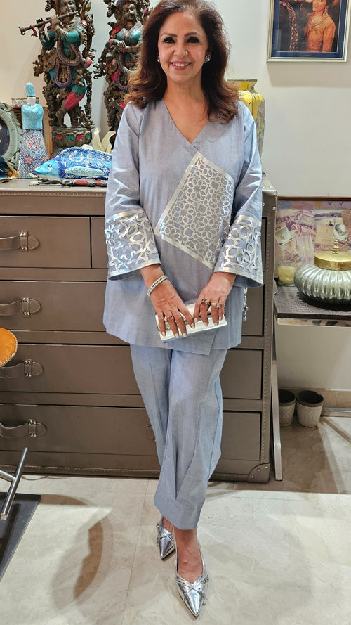 Blue Demin Co-ord set With Jaali Work
