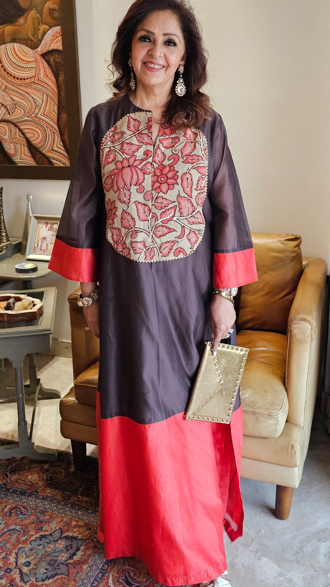 Black N Red Chanderi Silk One Piece With Hand Painted and Kalamkari Embroidered Work