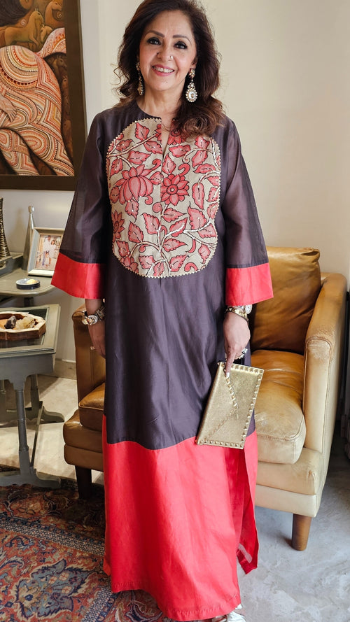 Black N Red Chanderi Silk One Piece With Hand Painted and Kalamkari Embroidered Work