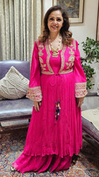 A Beautiful Fuchsia Silk Jacket Outfit With Heavy Hand Embroidery on it and With Wrinkled Silk Top and Bottom