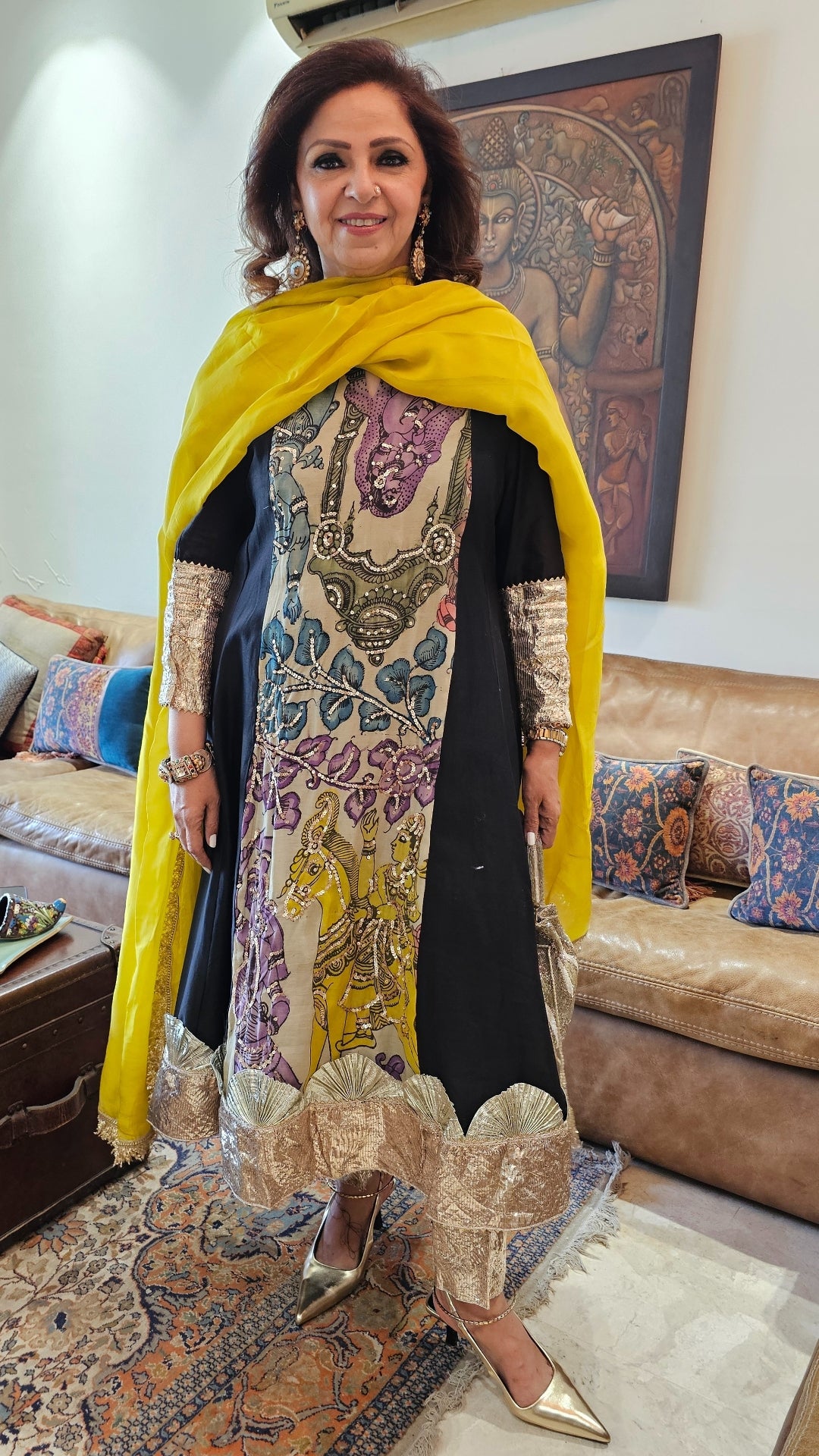 Multicolour Chanderi Silk Kurta With Hand Painted Kalamkari, Embroidered and Gota Kinari Work
