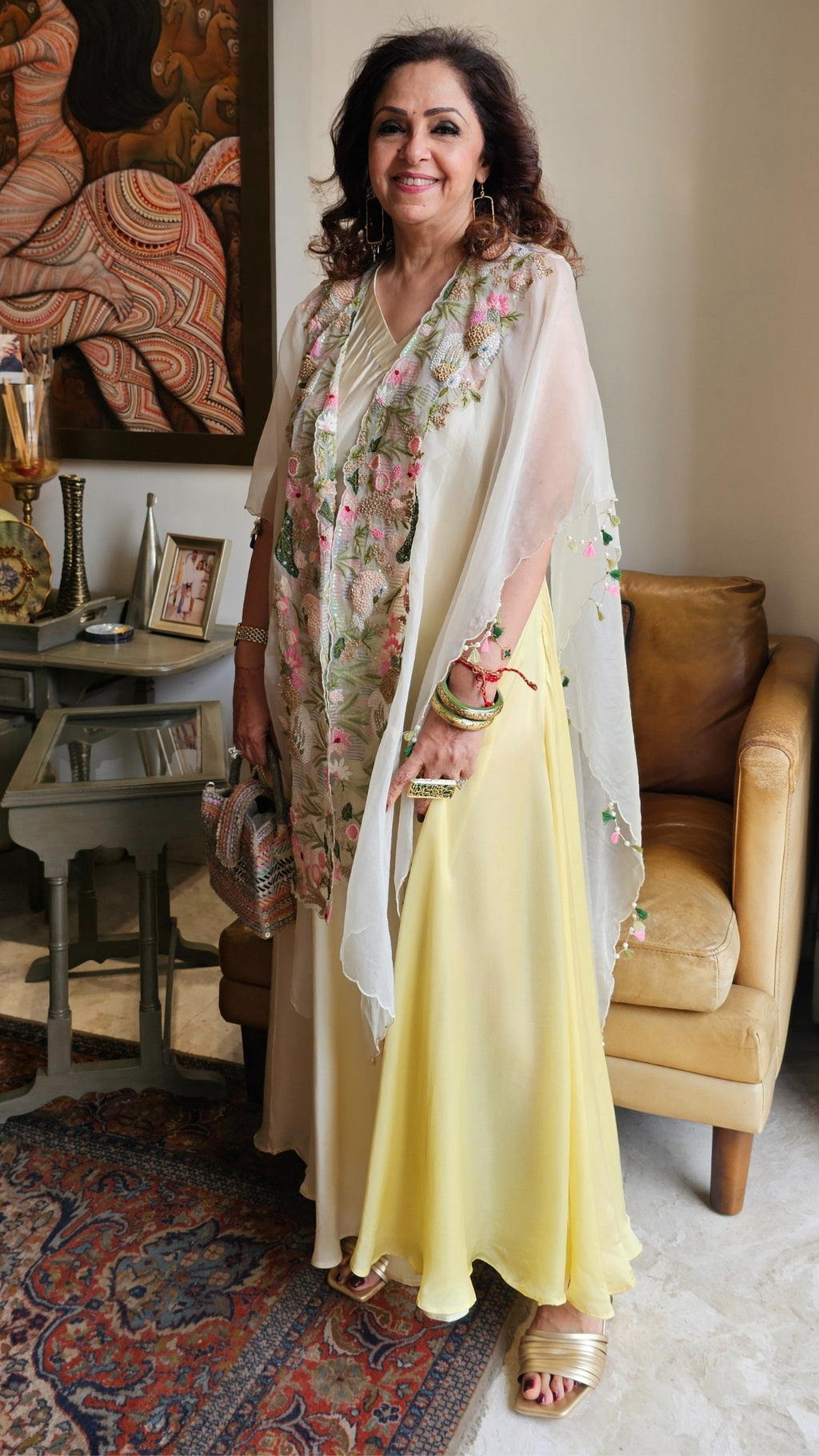 Beautiful Lemon Satin Hand Embroidered Dress With Pure Organza Cape