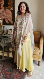 Beautiful Lemon Satin Hand Embroidered Dress With Pure Organza Cape