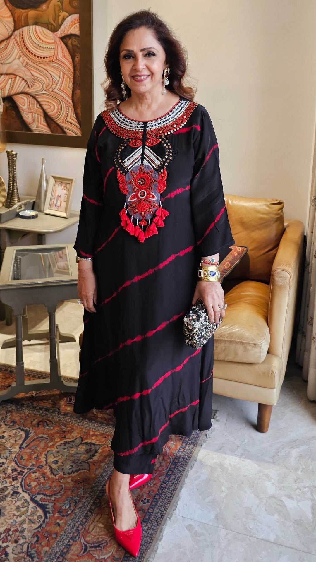 A Beautiful Crepe Silk Tie and Dye Dress With Hand Embroidered Neck