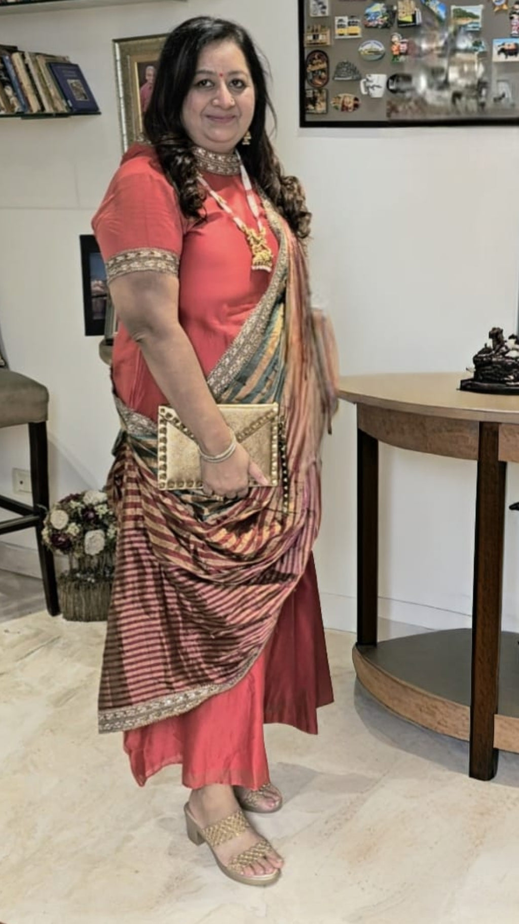 Tomato drape dress in plus size is pure silk chanderi with tissue drape, with embroidery border all over