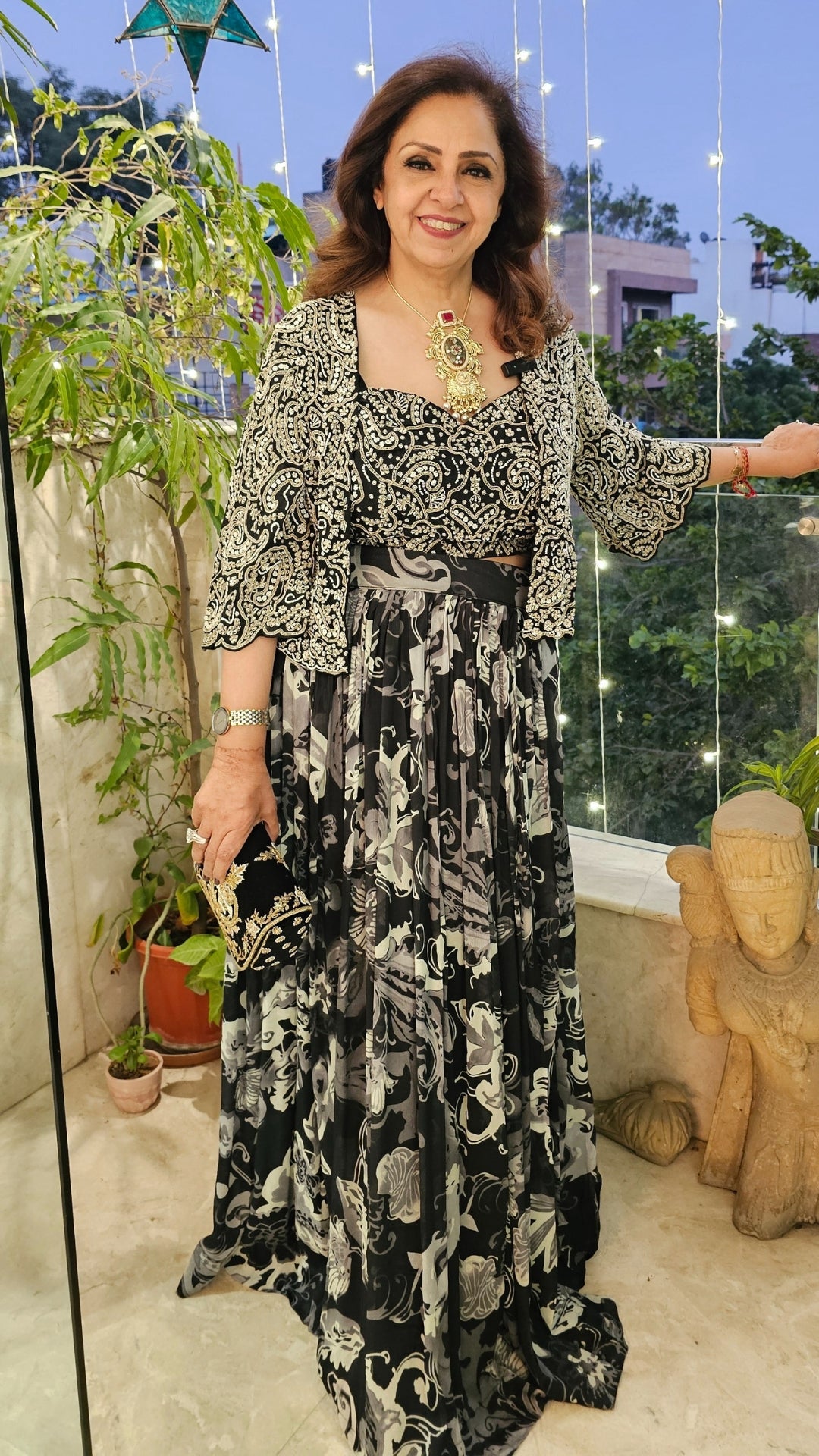 A Beautiful Black and White Chinon Outfit With Heavy Hand Embroidered Jacket and Blouse and With Chinon Printed Bottom