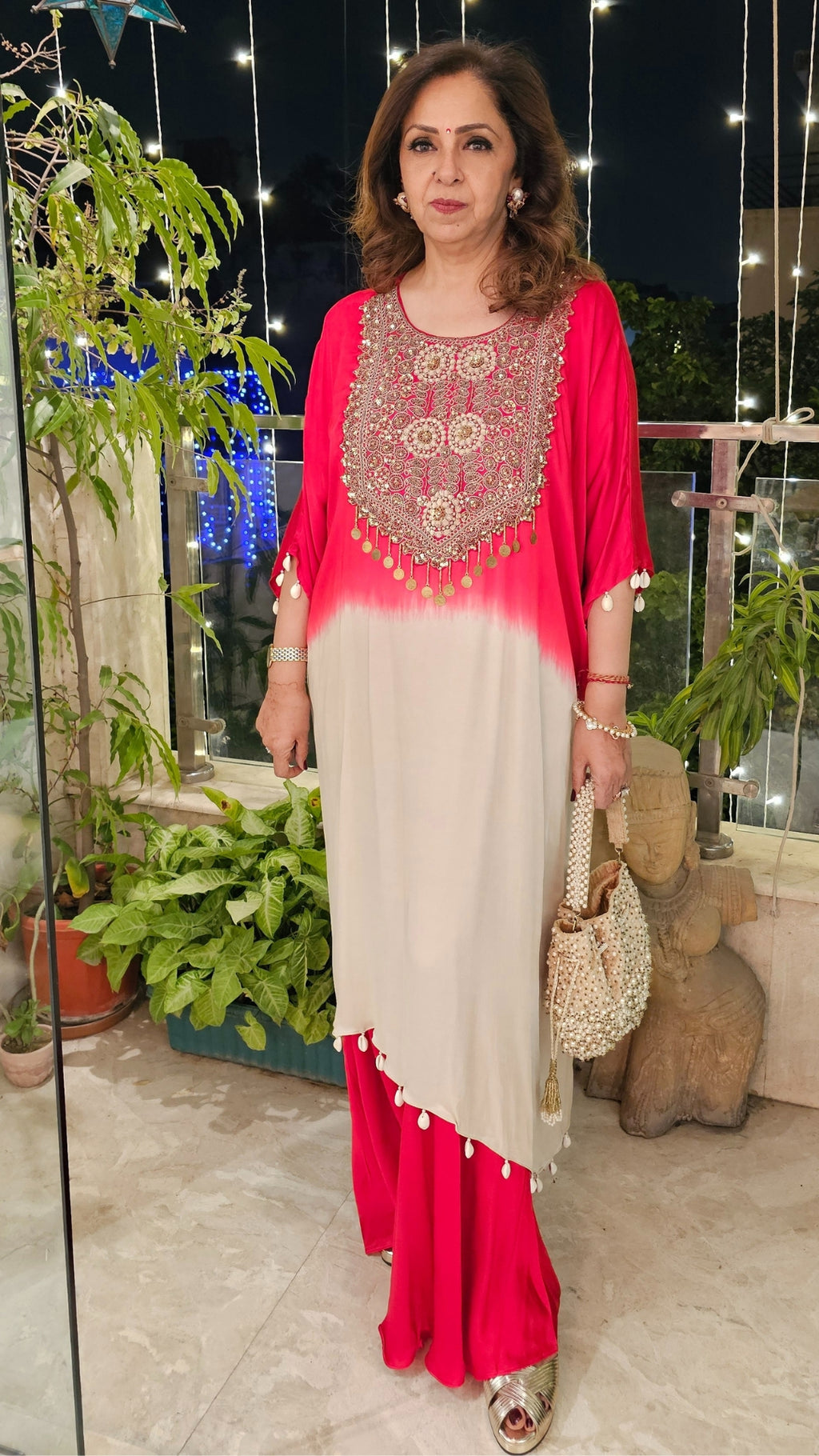 Red Satin Shirt in Tie n Dye Yoke and Solid Color Bottom Embellished With Hand Embroidery Elaborate Neck