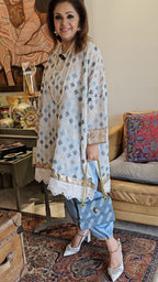 Blue and Ivory Linen Embroidered Top With Silk Cotton Afghani Pants