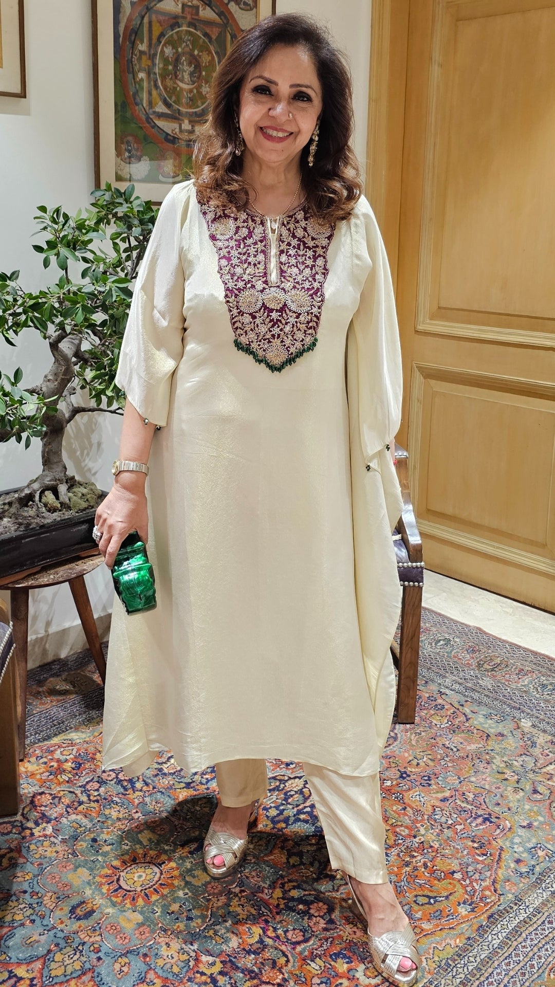Beautiful Tissue Kaftan With Hand Embroidered Neck in Zardozi, Dabka & Moti Work