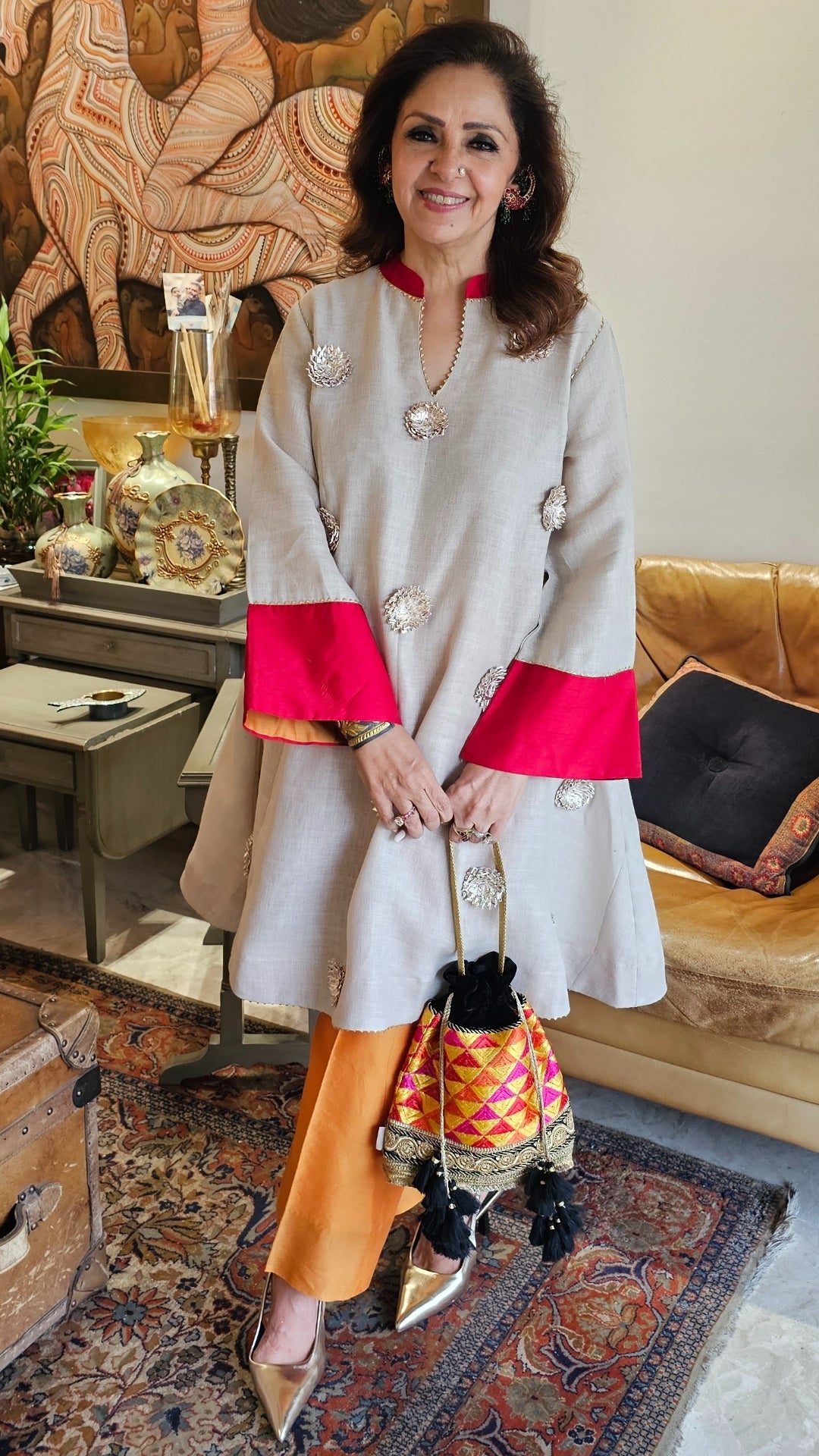 Light beige Chanderi Silk Top With Patch Work and Orange Bottom