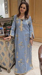 Ice Blue Linen Kaftan Maxi Dress in Gold Embroidered