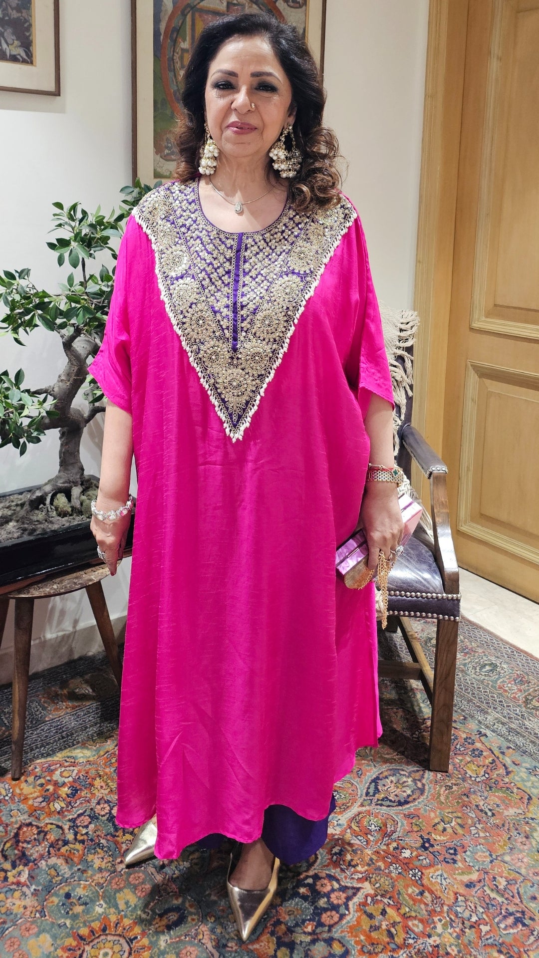 Gorgeous Contrasting Silk With Hand Embroidered Yoke