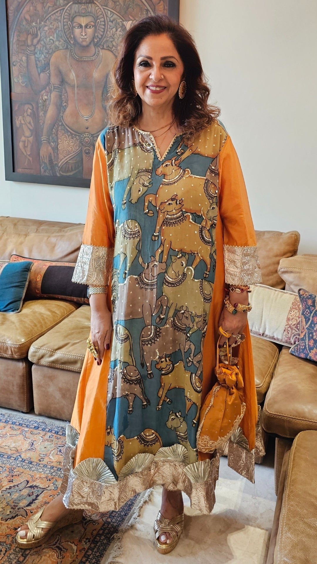 Orange Chanderi Silk Kurta With Pure Hand Painted Kalamkari and Hand Embroidered and Dupatta