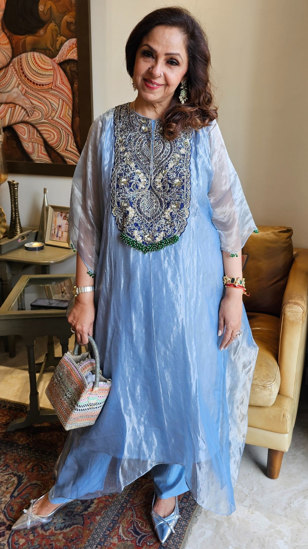 Beautiful Outfit in Silk Tissue With Sui ka Kaam, Dabka, Zardozi Cape With Heavy Hand Embroidered Neck and Plain Silk Pants